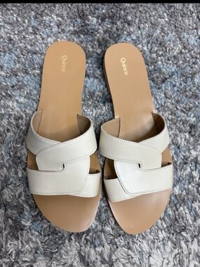 Quince Women's Tan-Cream White Strap Slide Mules Sandals Leather